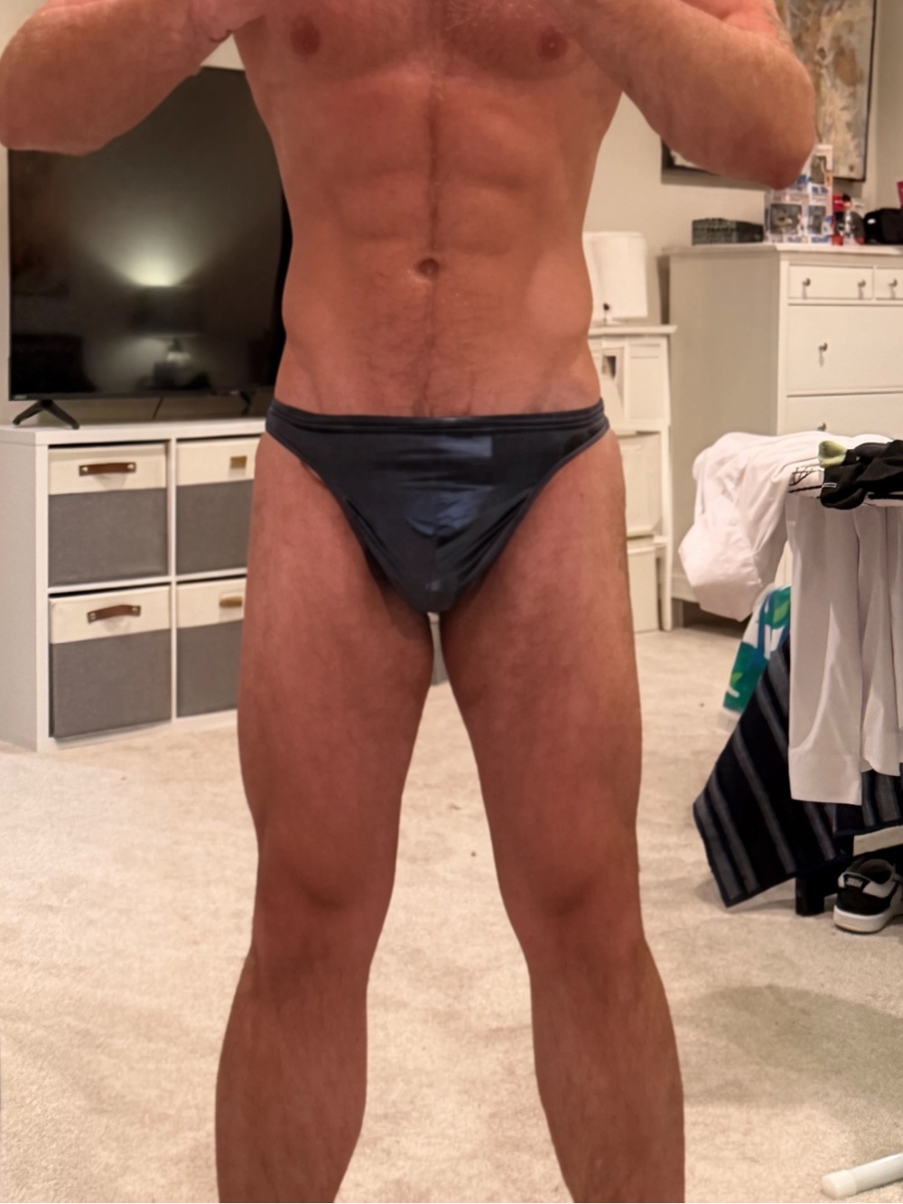Men's Male Power Shiny Navy Blue Thong L/XL or 36-42